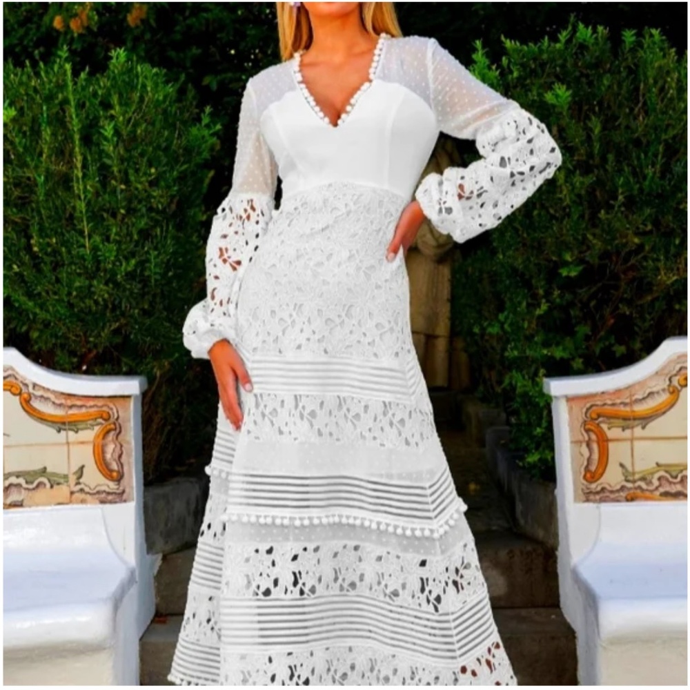 Boston Proper Dress Large Mixed Media Lace Pom Pom Empire Balloon Sleeve White